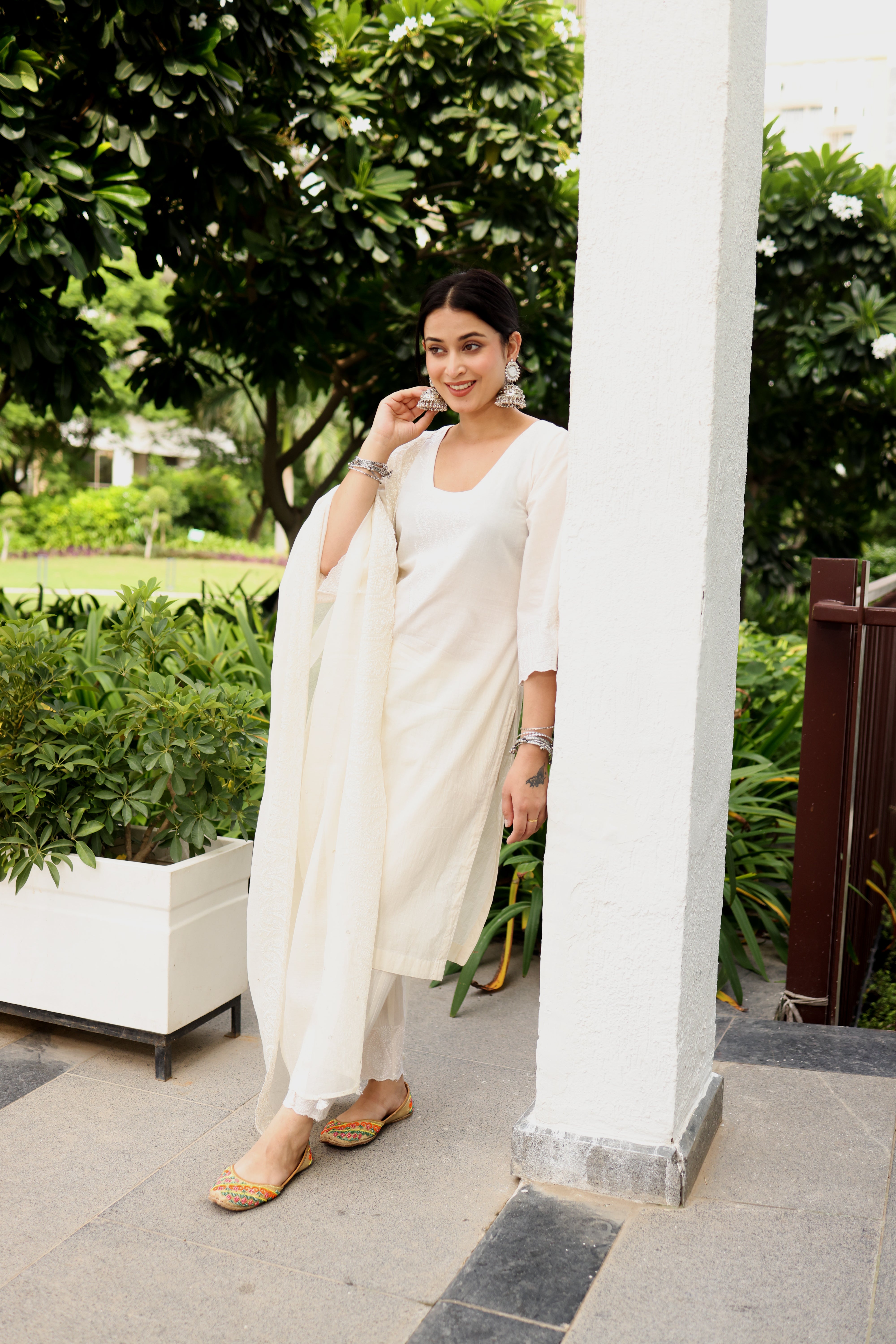 Noor Kora Cotton Kurta Set in Ivory