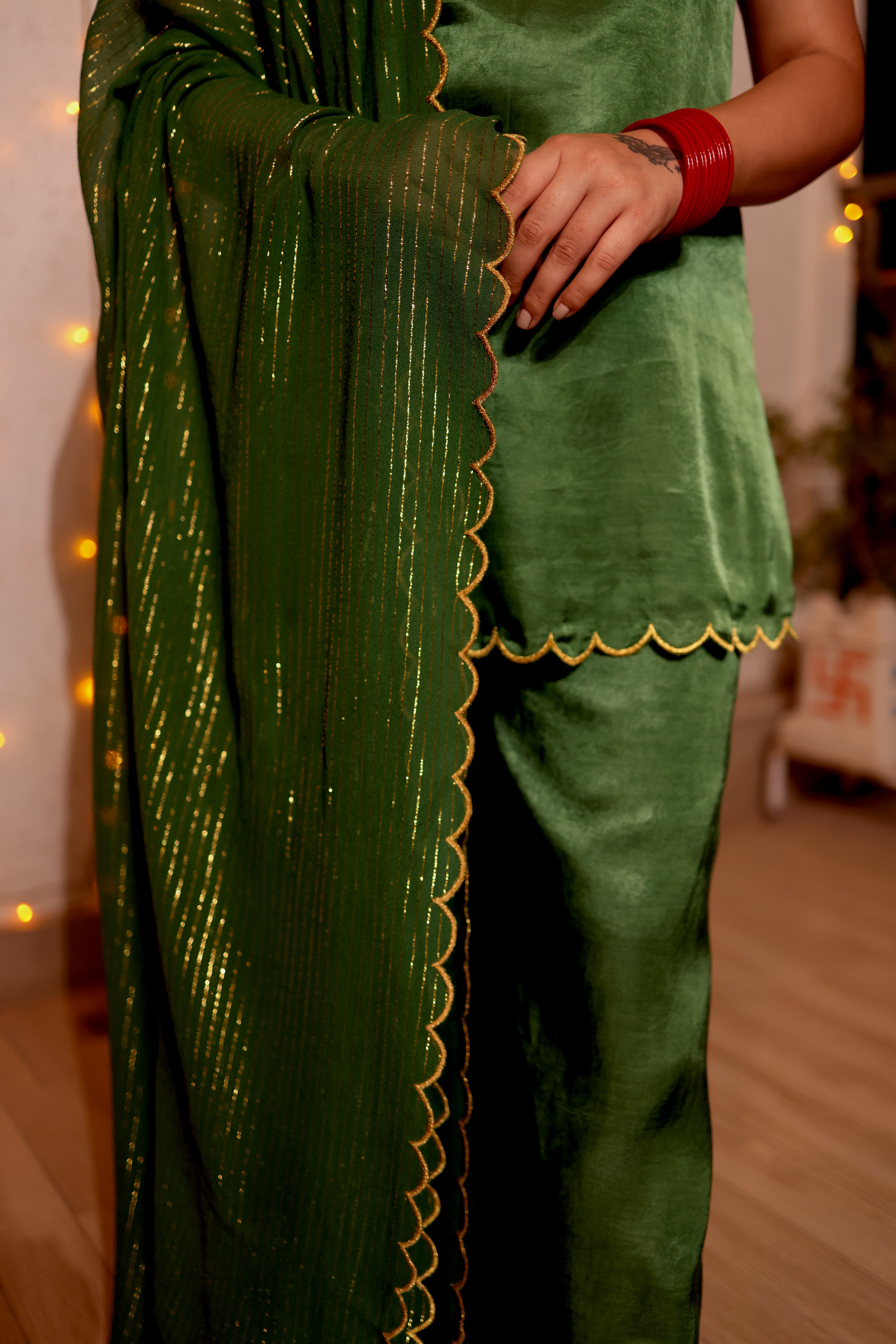 Olive Aura Satin Kurta Set