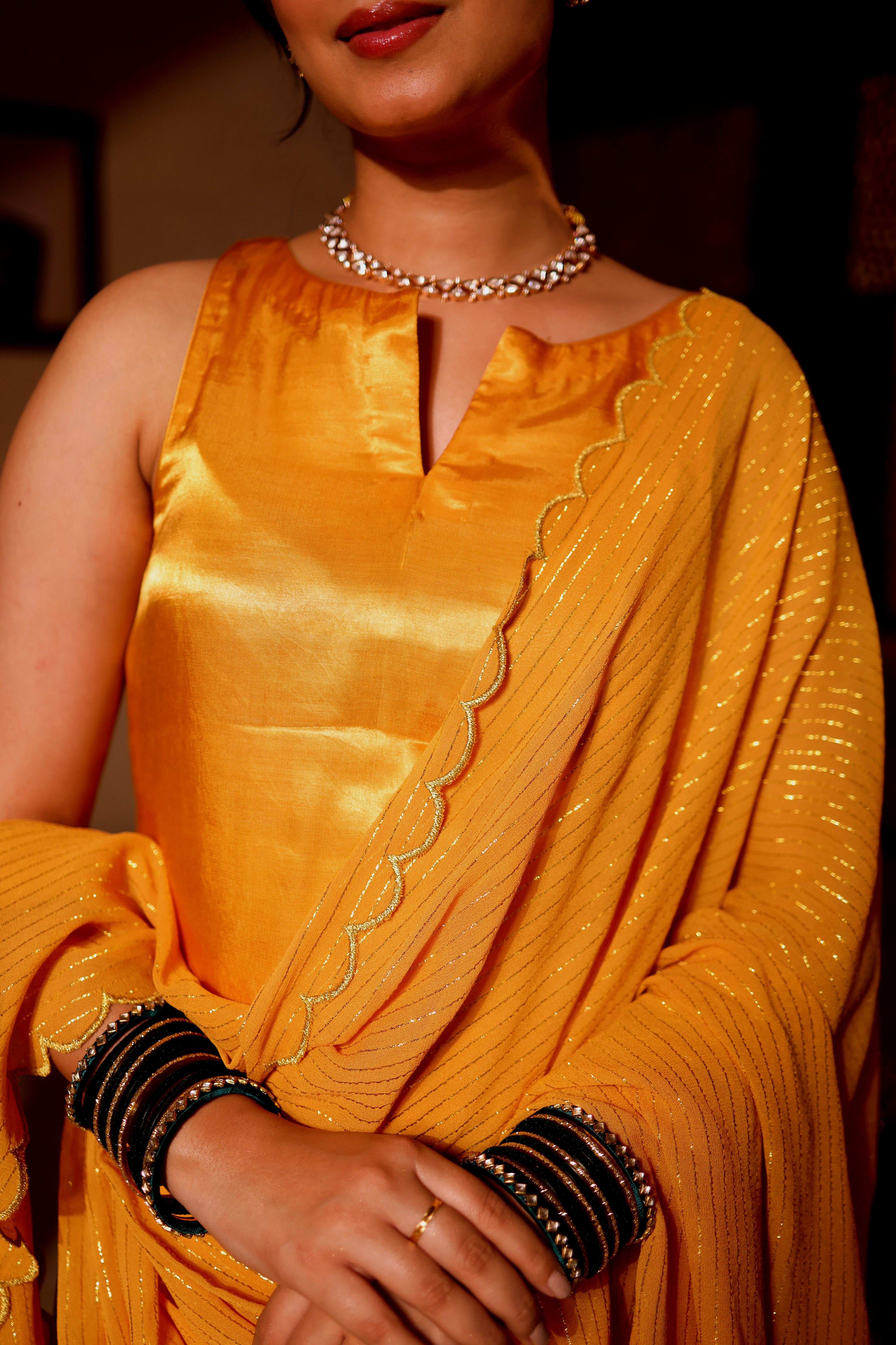 Mustard Aura Satin Kurta Set
