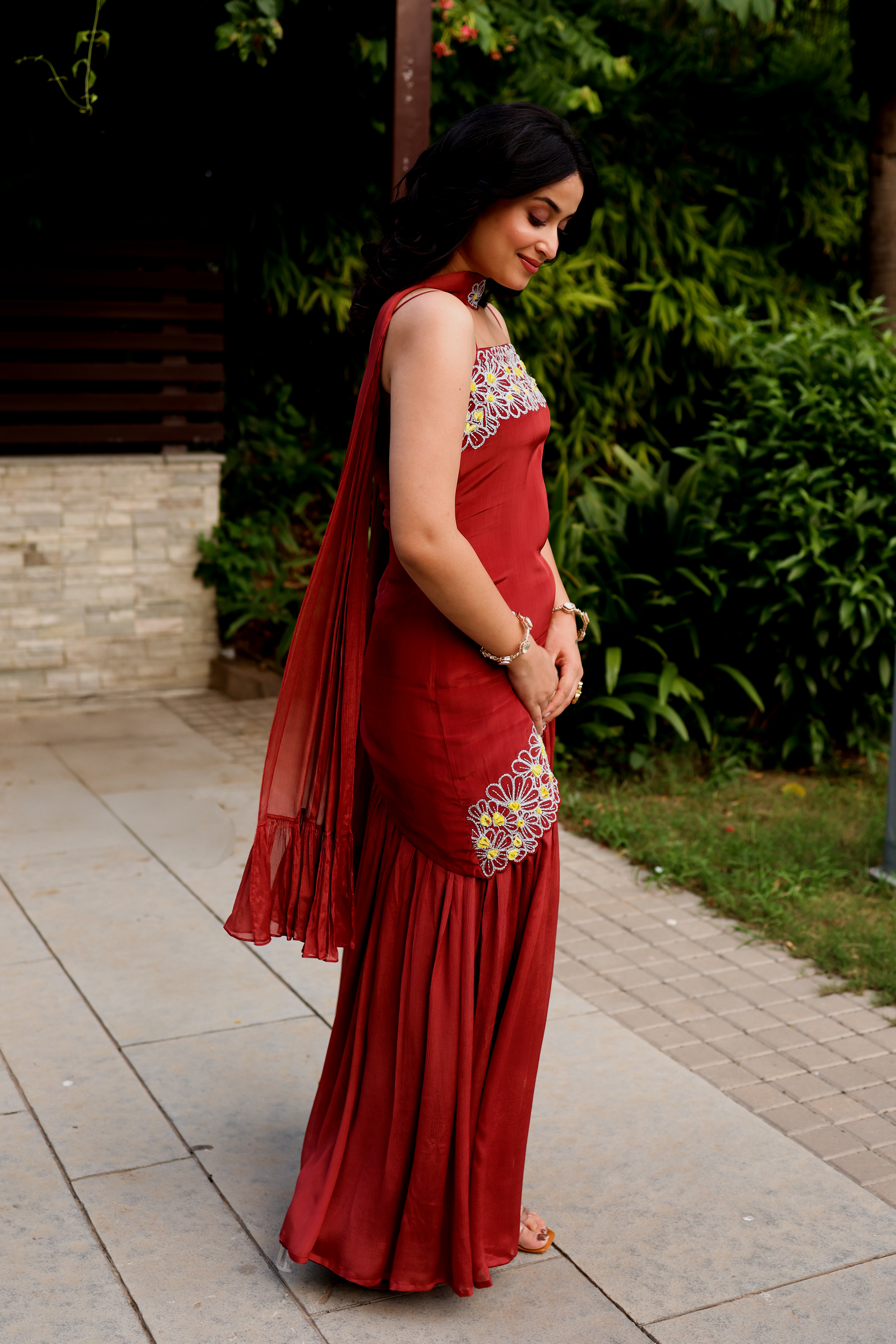 The Rust Brown Daisy Drape Sharara Set