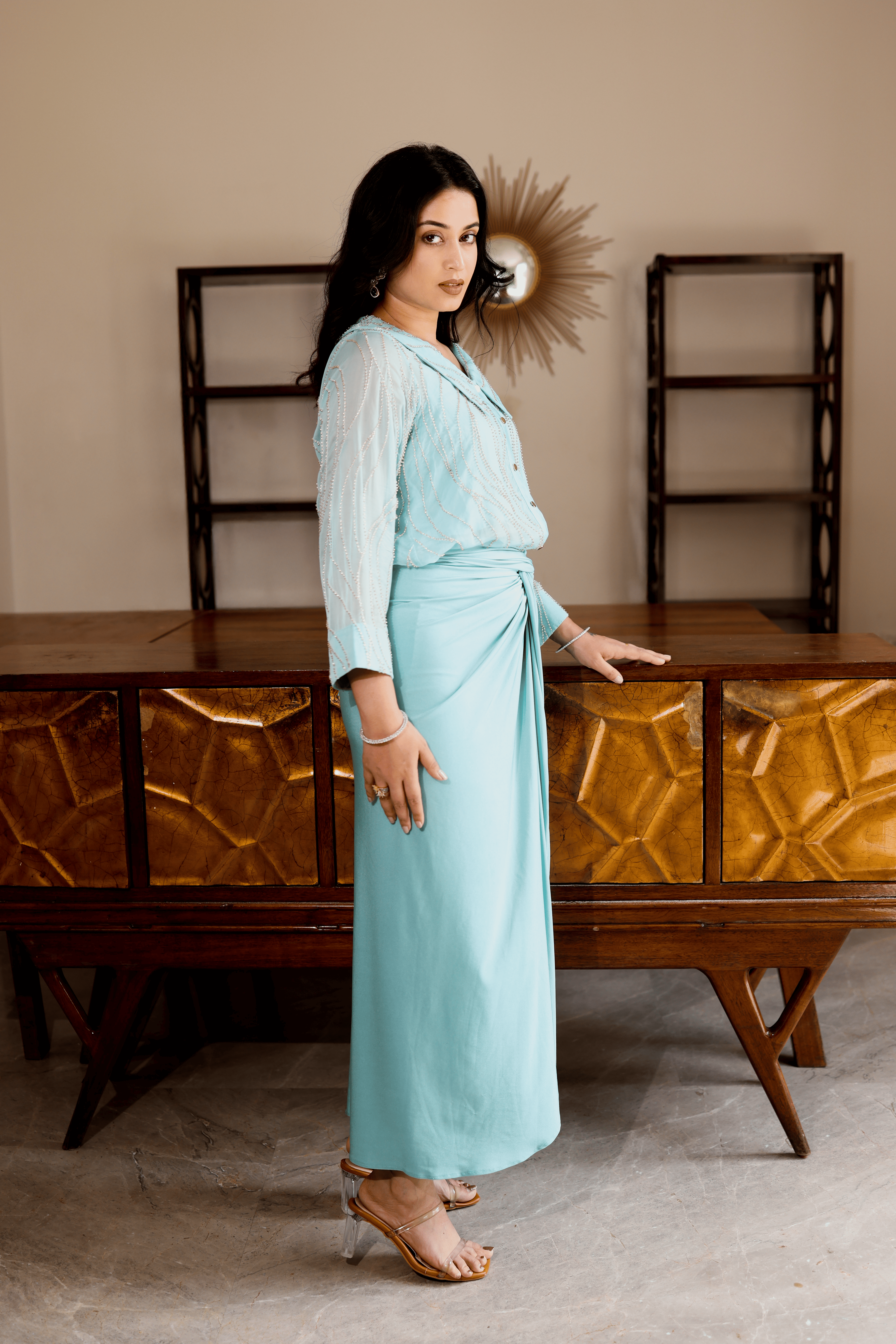 Aqua Knot Drape Indo-Western Set