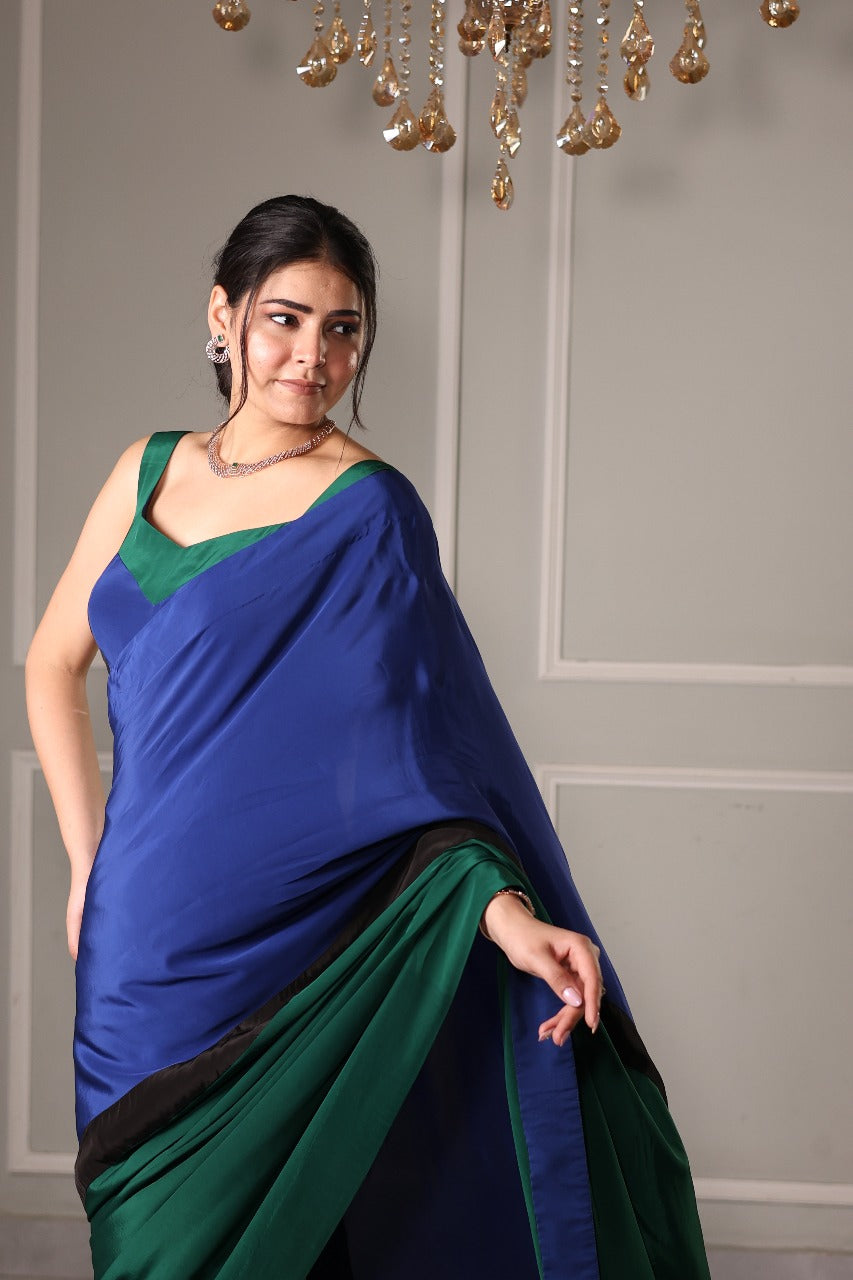 The Peacock Blue And Green Color Block Saree